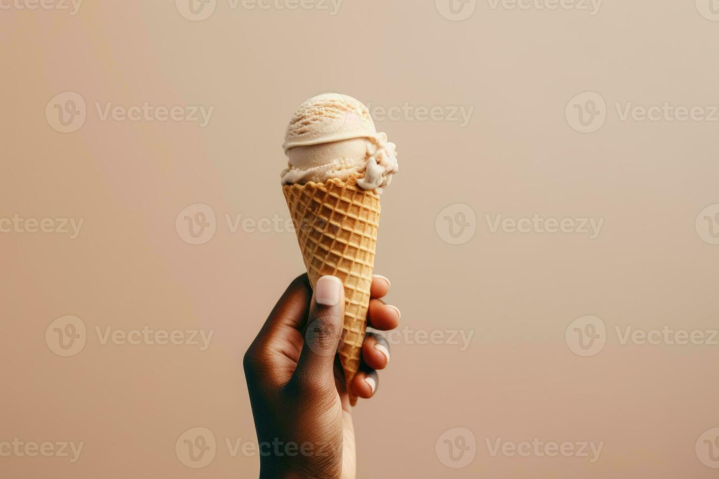 AI generated Hand holding vanilla ice cream cone on beige background. Concept of simple summer pleasures. photo
