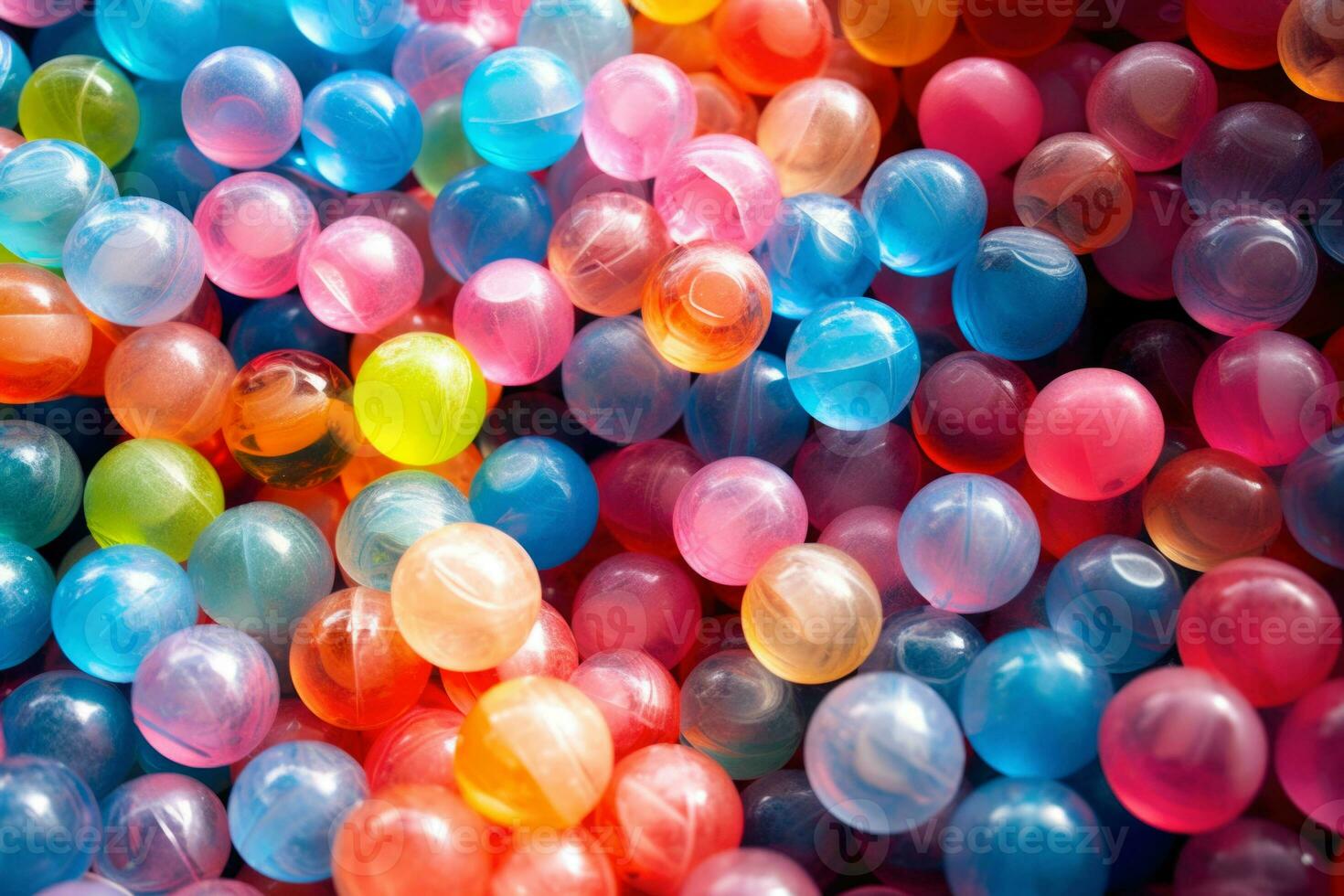 AI generated Multicolored translucent bouncy balls tightly packed. photo
