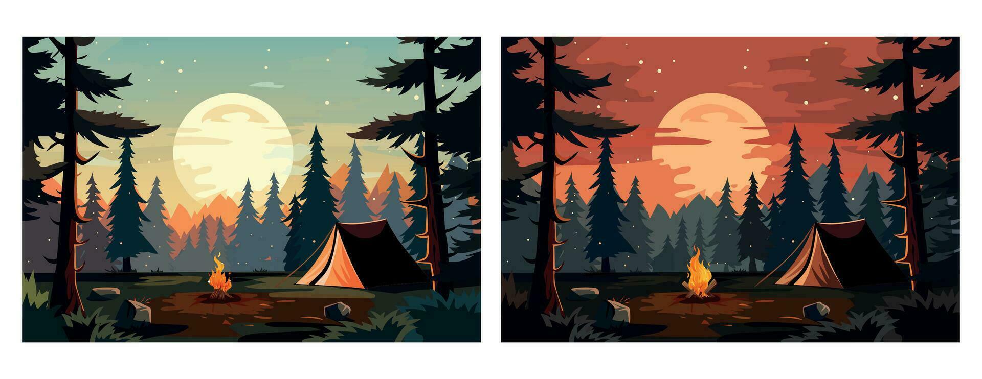 Camping background Morning and Evening. There is a tent in the forest and a fire is burning. vector