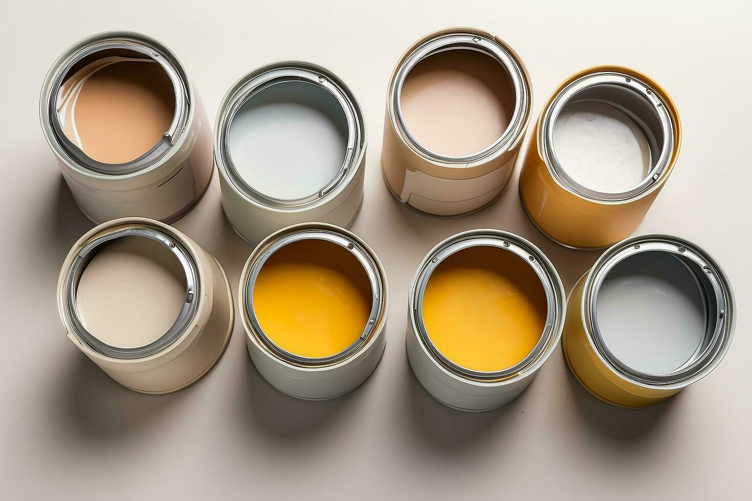 AI generated top view of open neutral color cans with paint on a light background photo