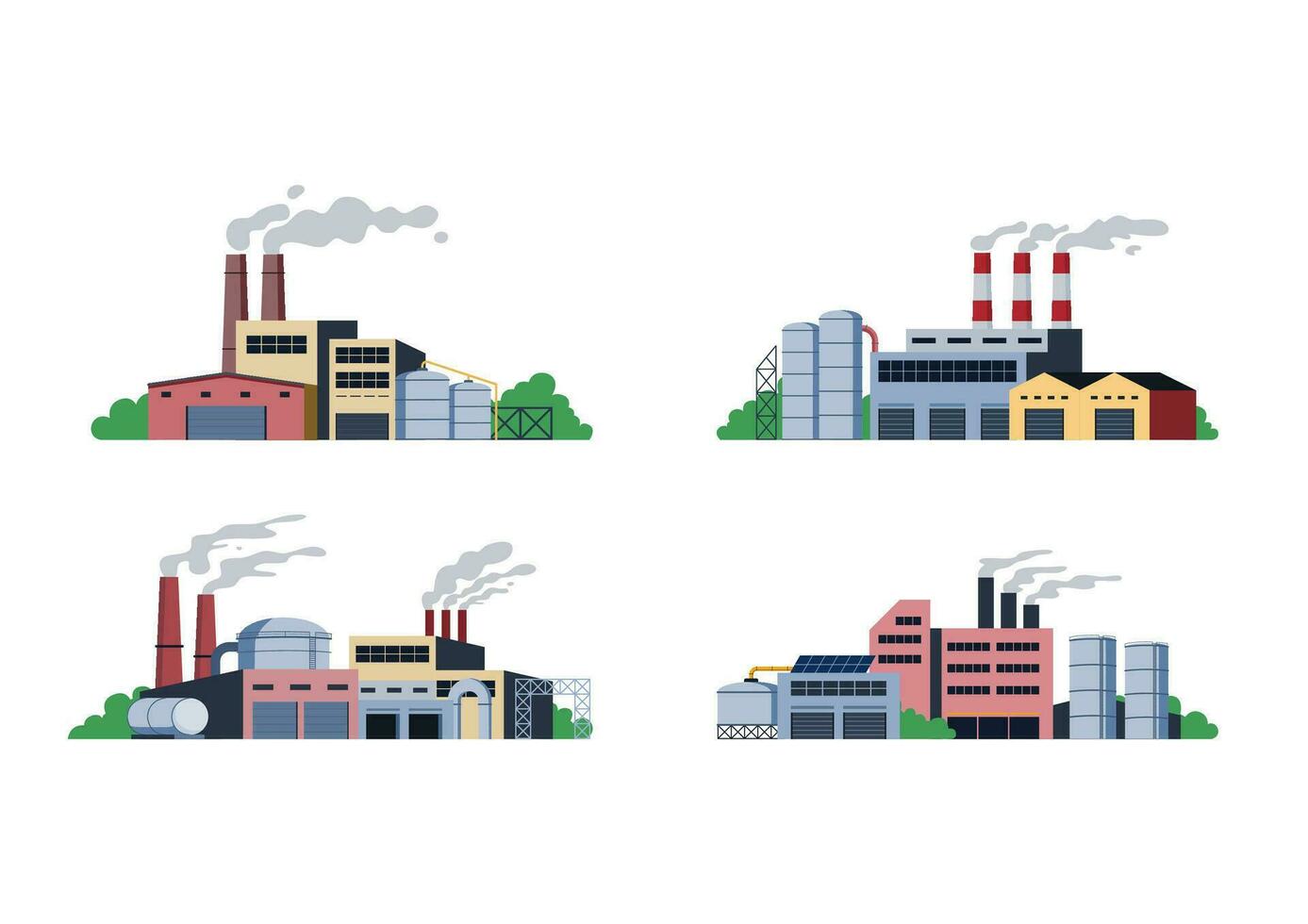 Set of Industrial Factory Building, Flat Vector Illustration