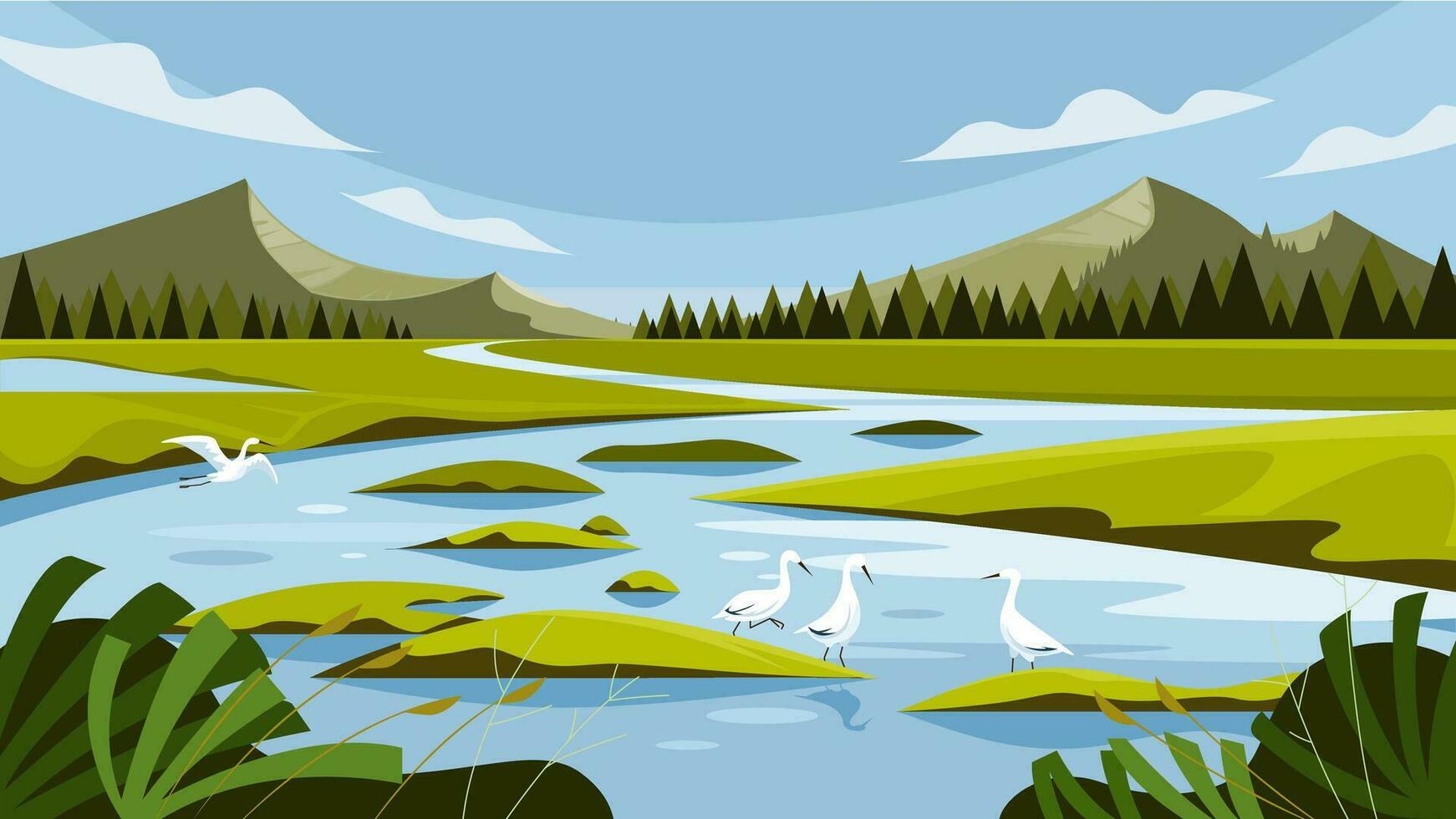 humedal, pantano, fauna silvestre paisaje, vector ilustración