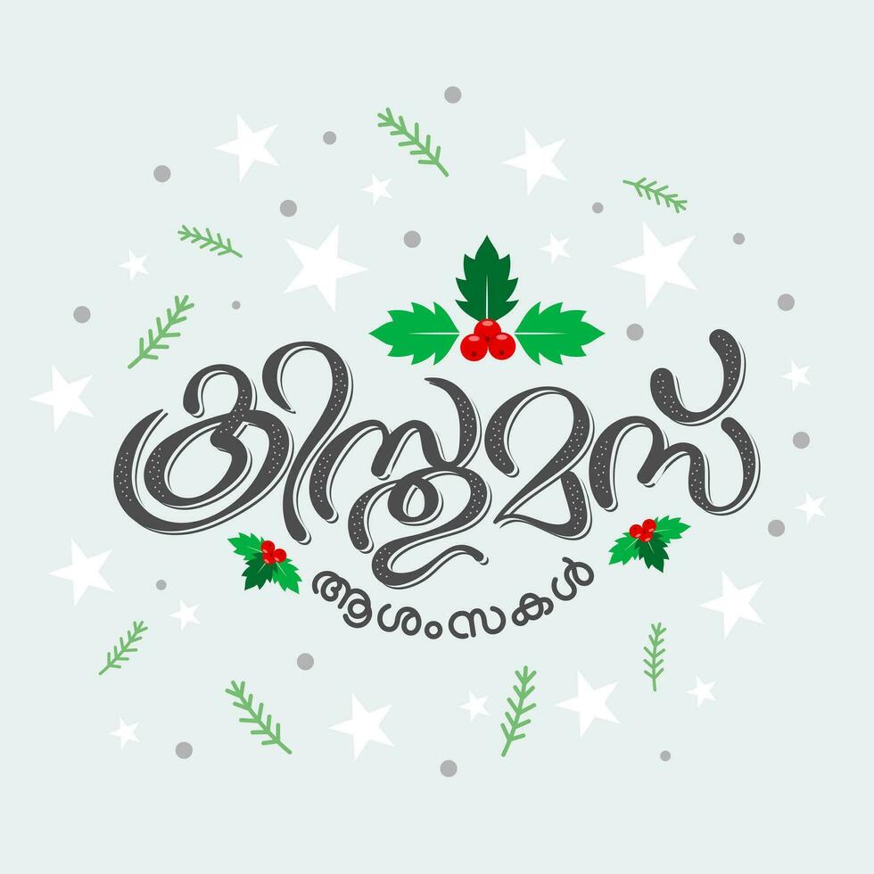 Happy christmas in malayalam language, typography with holly leaves and seeds vector