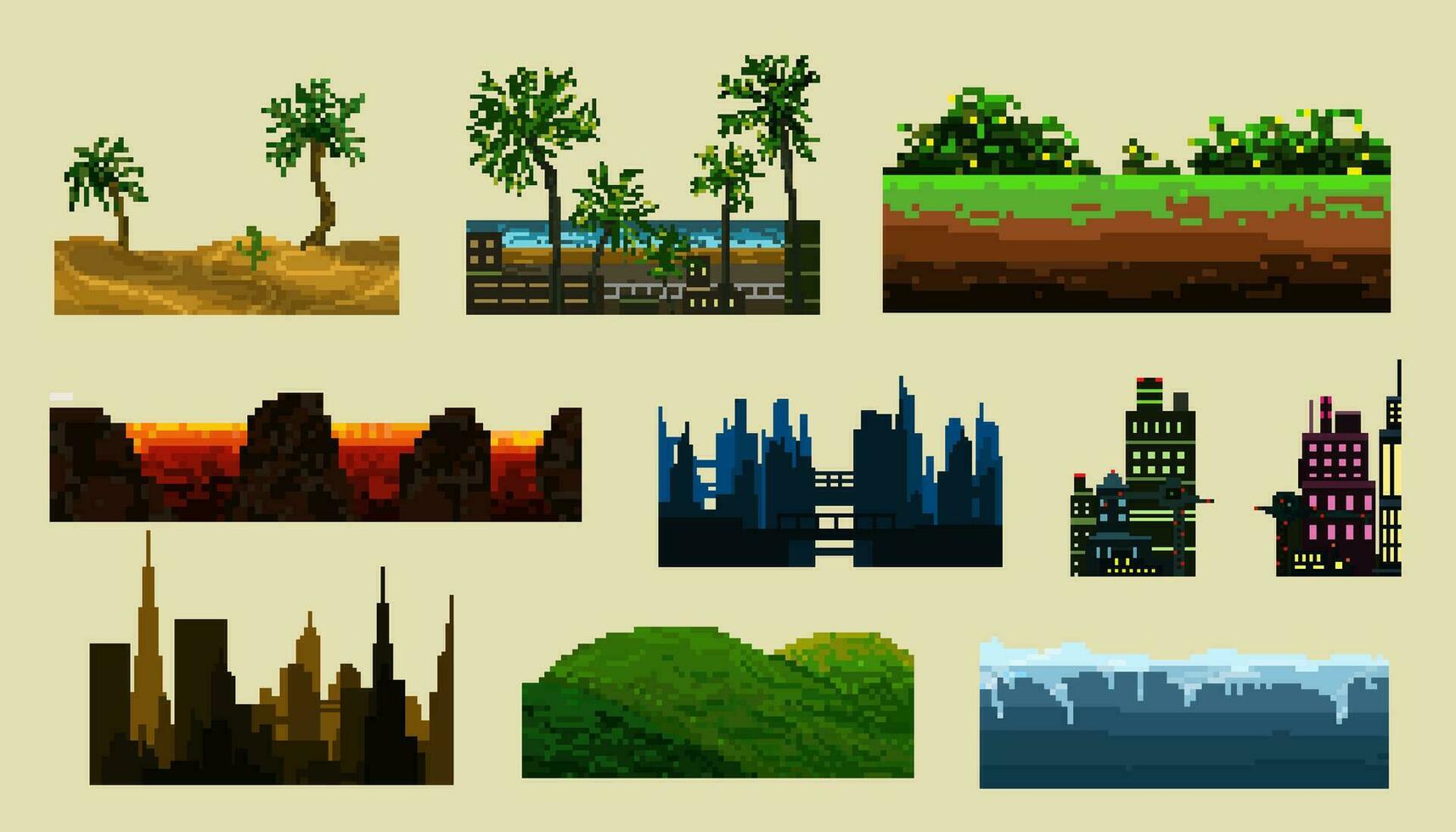 pixel vector city and nature landscapes background collection set