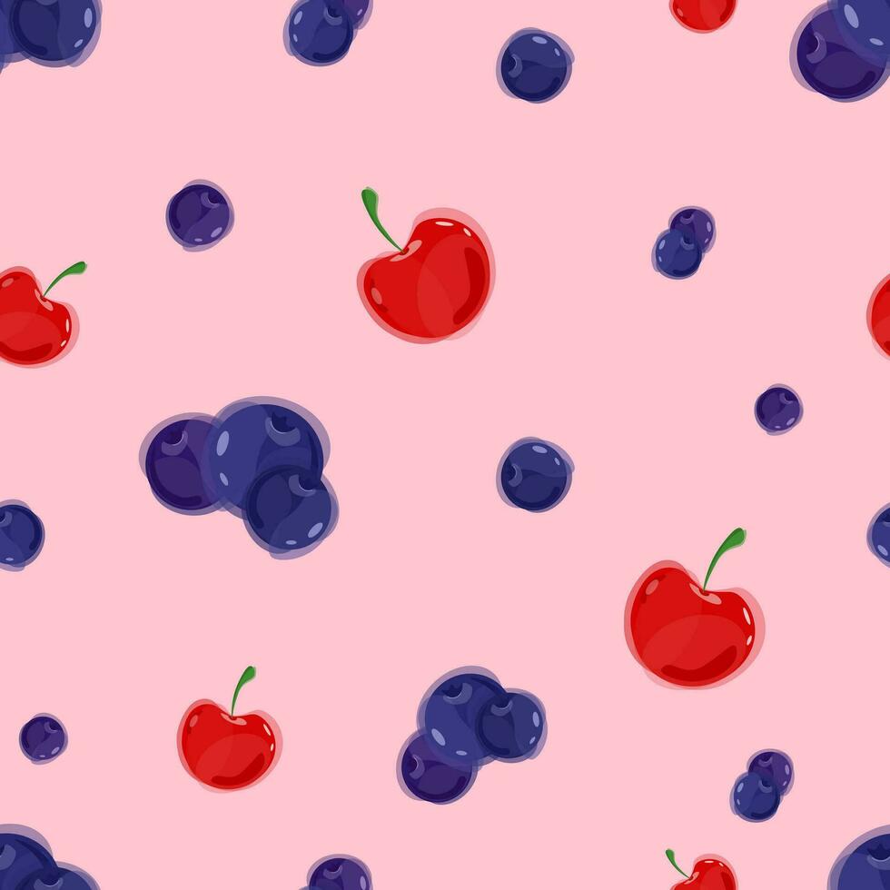 Juicy pattern with blue blueberries and red cherries in different sizes on a pink background. Seamless. Summer. Vector