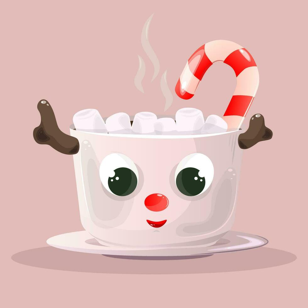 Pink mug with Christmas reindeer and hot tea with marshmallow. Funny face and candy cane. Vector illustration