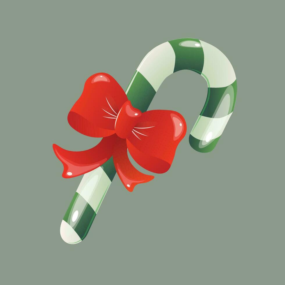 Christmas green lollipop with green stripes and big puffy red bow with shadows and highlights. Vector