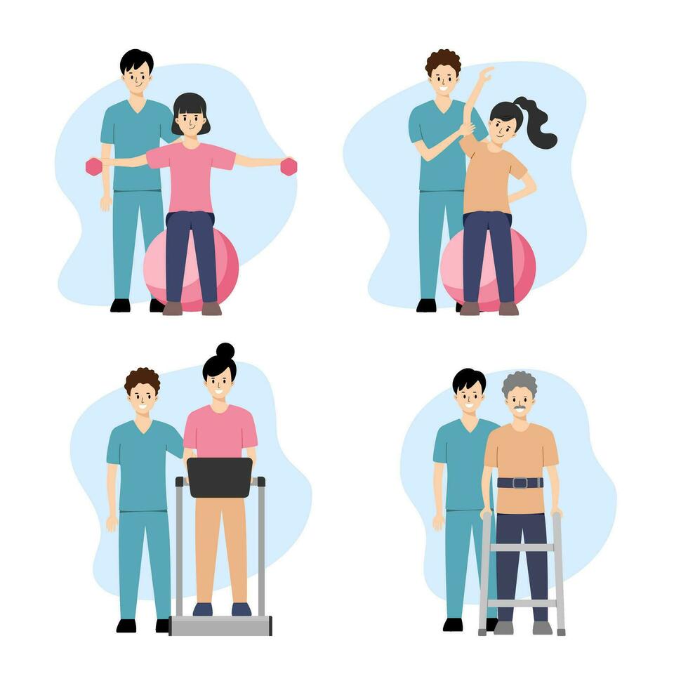 Physical therapy rehabilitation vector illustration set. Cartoon flat design. Physical therapist working on patient.