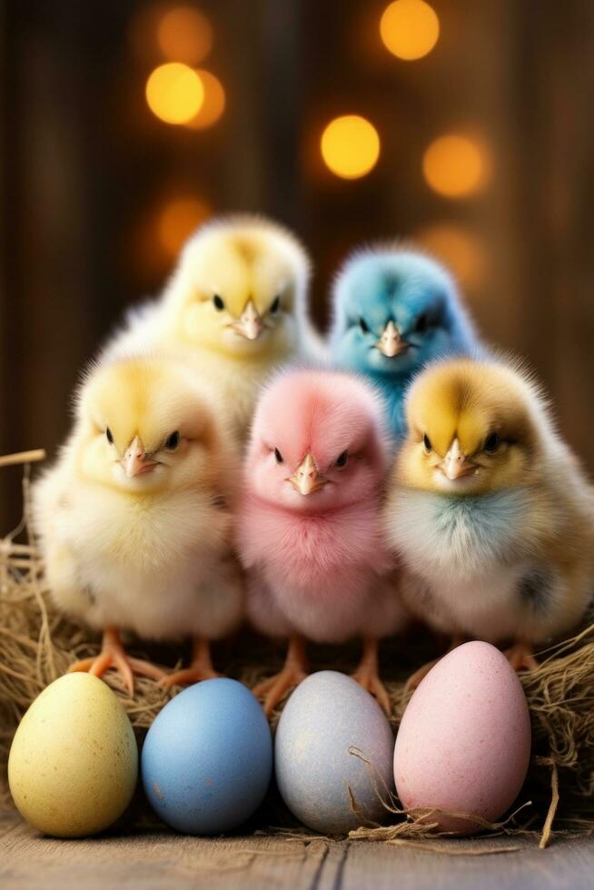 AI generated fluffy Easter chicks and colorful eggs set against a rustic background. photo