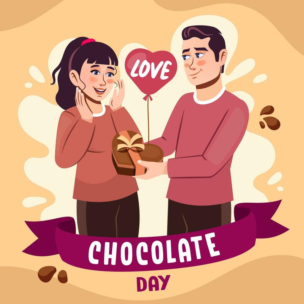 plano vector de un joven chico dando joven niña un en forma de corazon caja de chocolate para chocolate día. creativo enamorado día bandera diseño modelo