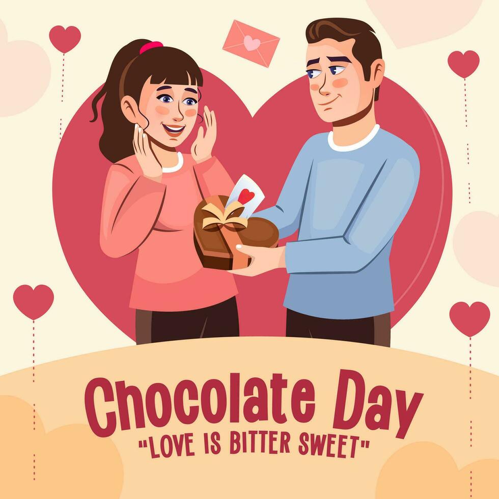 Flat vector of a young boy giving young girl a heart-shaped box of chocolate for Chocolate Day. Creative banner design template