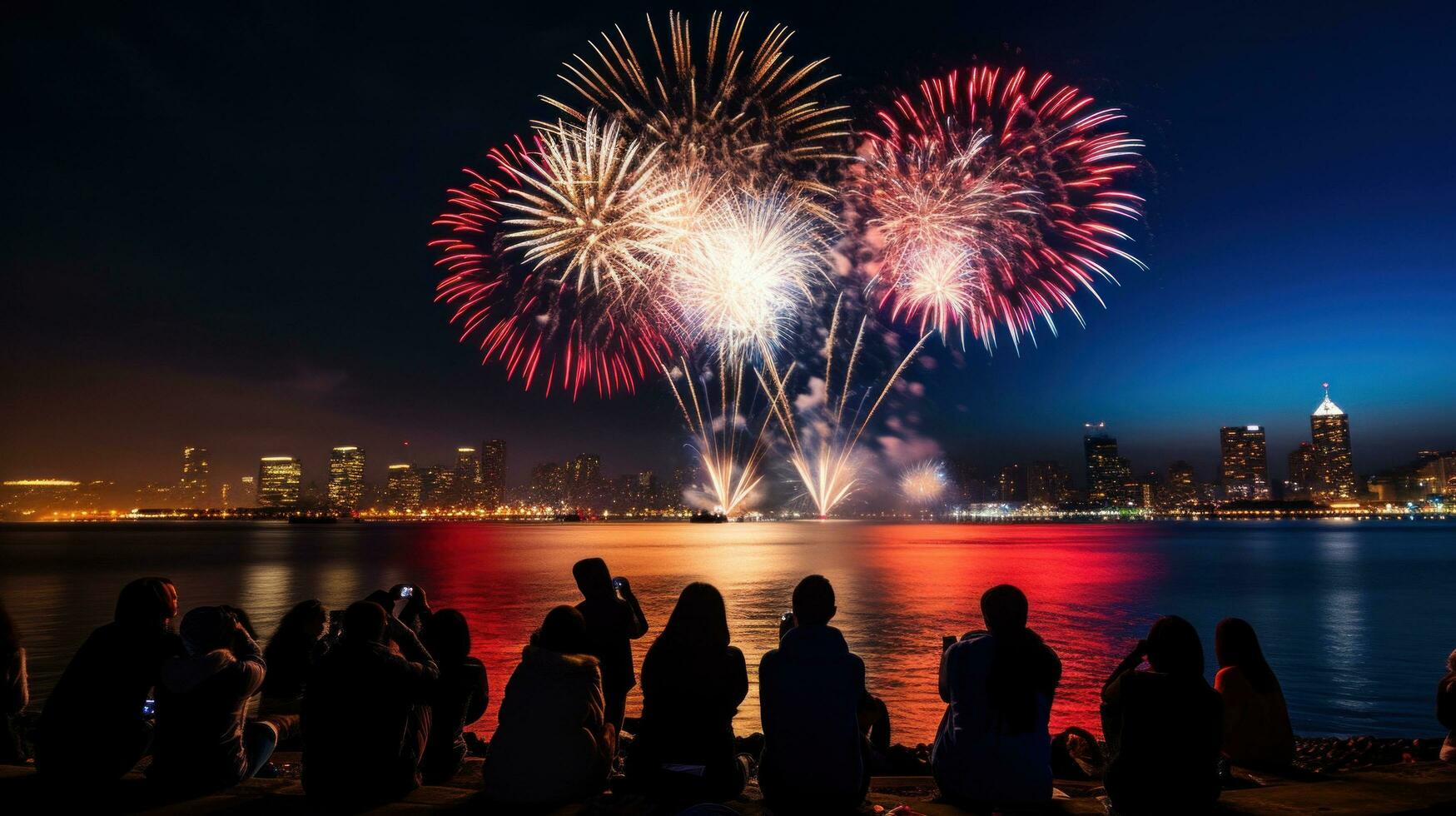 ai generado personas reunir con familia y amigos a anillo en el nuevo año con festivo fiestas y fuegos artificiales foto