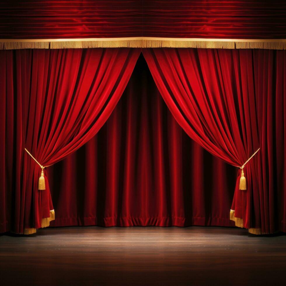 AI generated A classic theater stage with red velvet curtains and customizable copy text photo