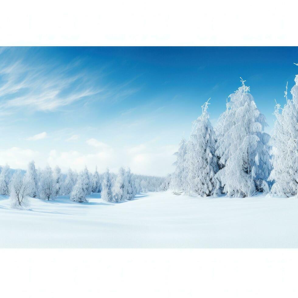 AI generated panoramic view of a snowy landscape with snow-covered trees and a bright blue sky, photo