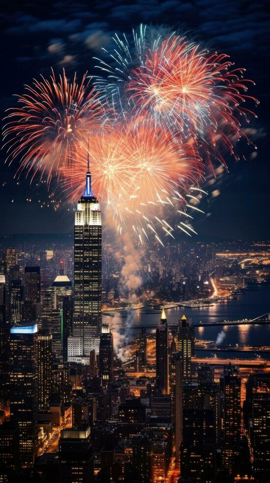 AI generated The view from the sky of City on New Year's night is a dazzling spectacle of lights photo