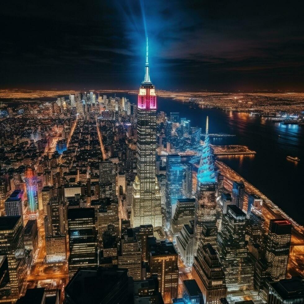 AI generated The view from the sky of City on New Year's night is a dazzling spectacle of lights photo