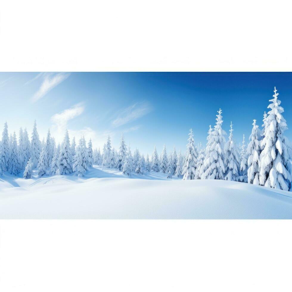 AI generated panoramic view of a snowy landscape with snow-covered trees and a bright blue sky, photo