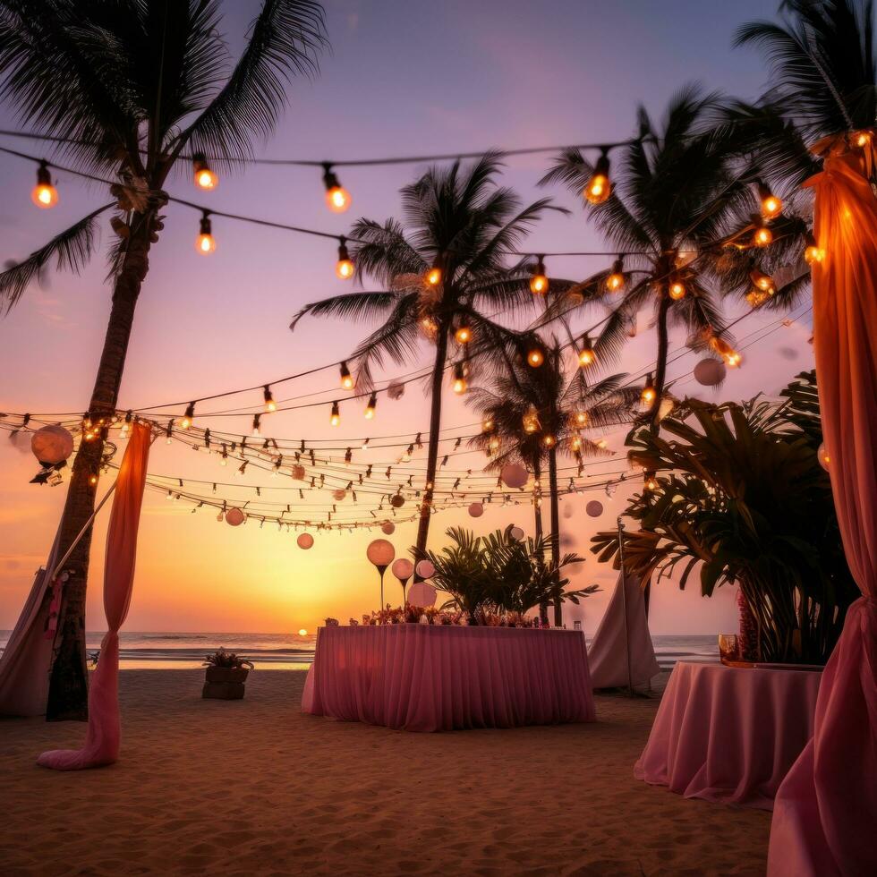AI generated A beach party at dusk with palm trees silhouetted against a pink and orange sky photo