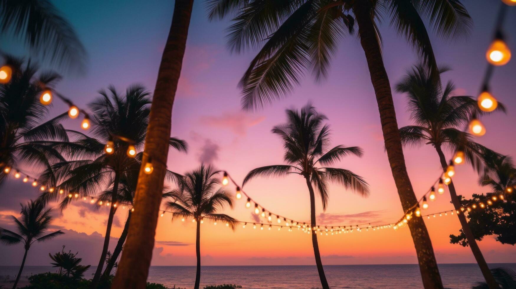 AI generated A beach party at dusk with palm trees silhouetted against a pink and orange sky photo