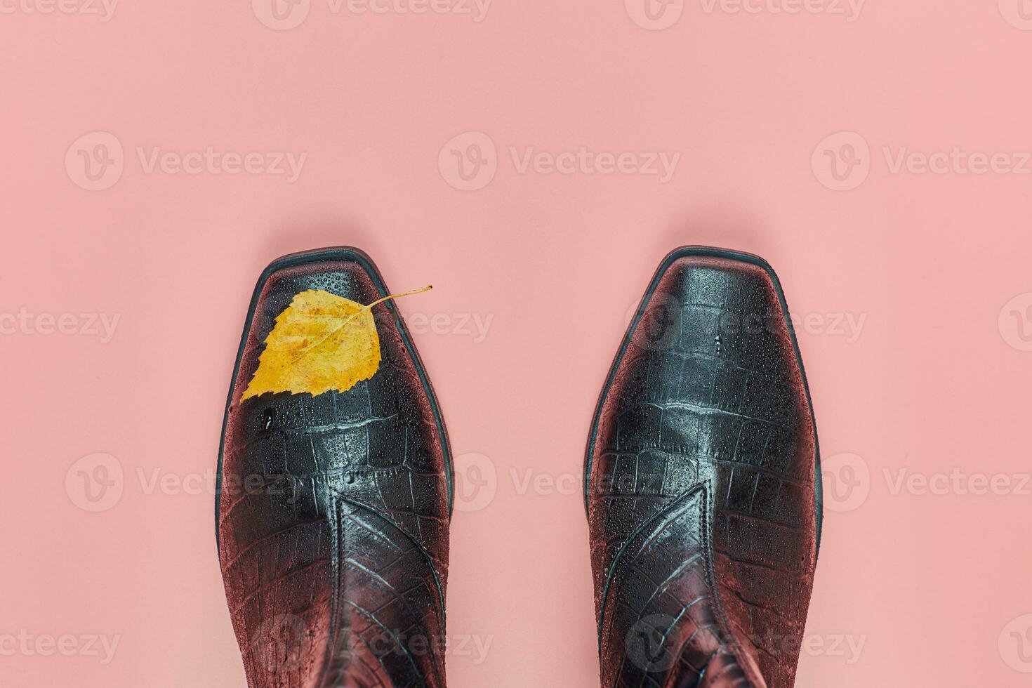 Autumn waterproof woman shoes with rain drops, copy space photo