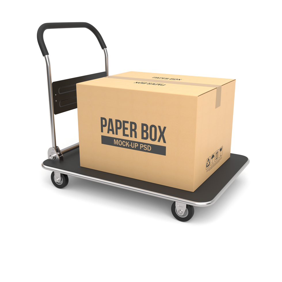 Cardboard box on a hand truck psd