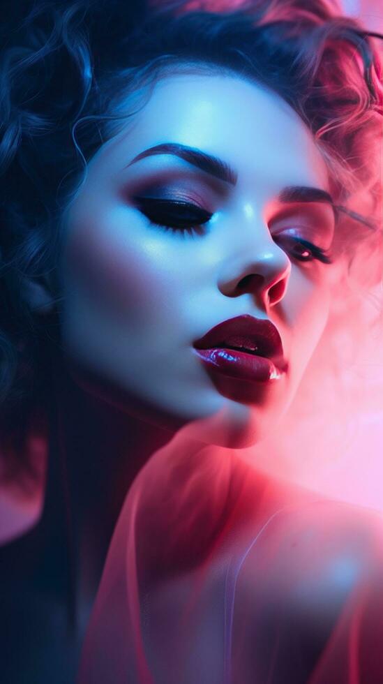 AI generated beautiful woman's face with dramatic makeup, dancing in a haze of fog and neon light photo