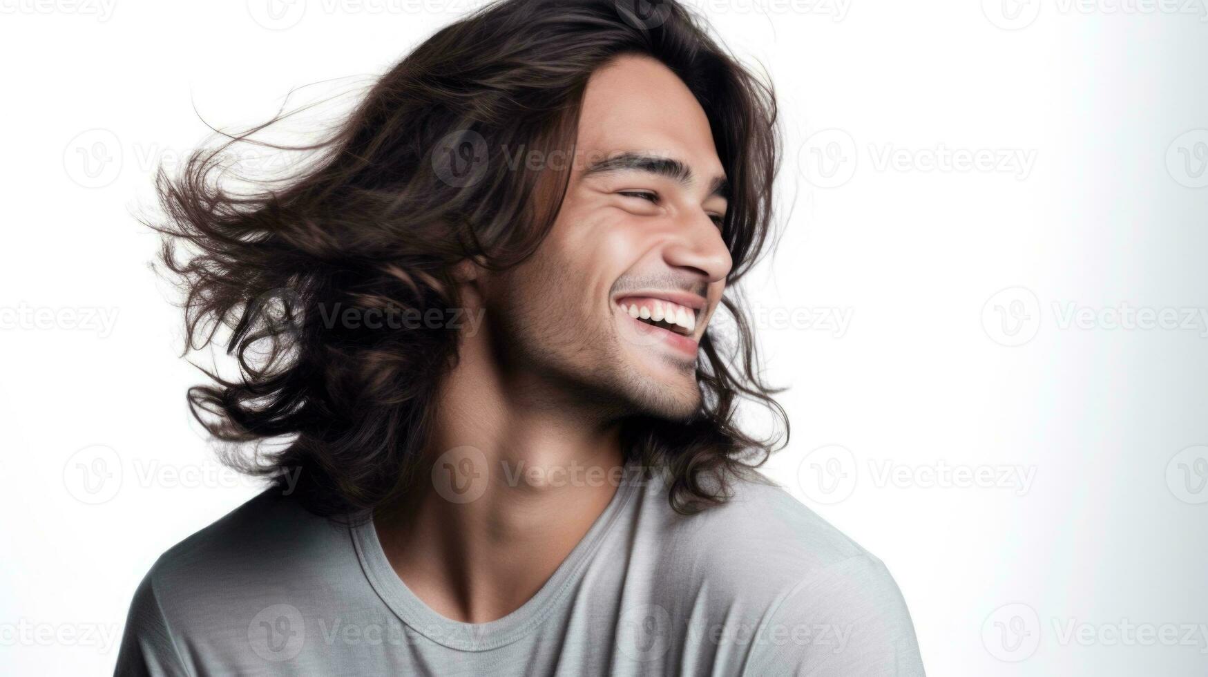 AI generated Cheerful Young Man with Wavy Hair in Casual Tee. photo