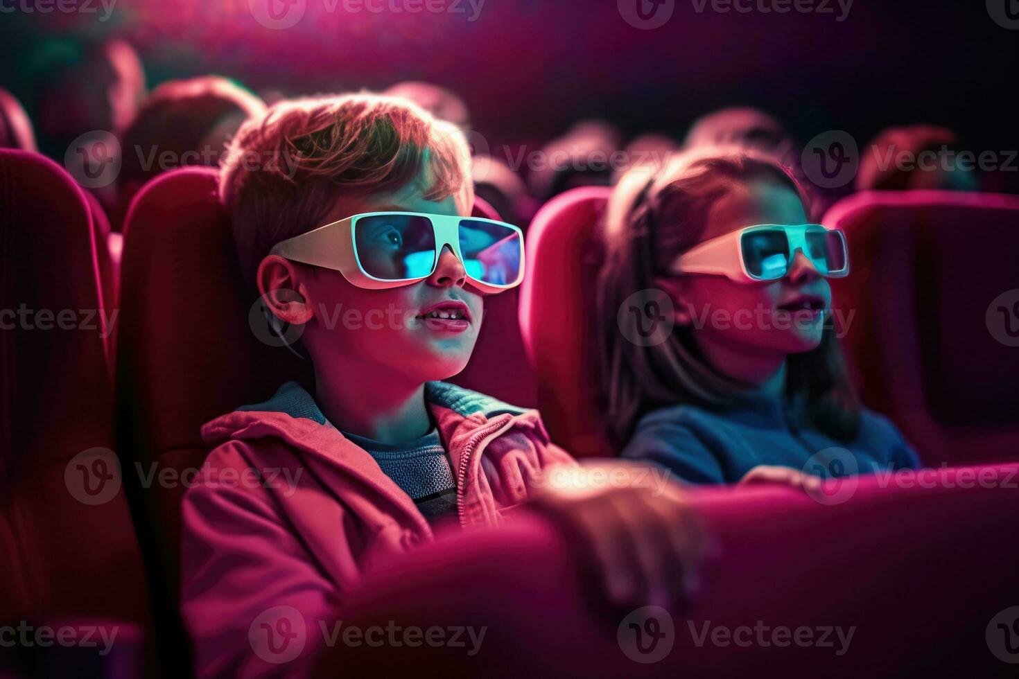 ai generado disfrutando un película a el imax teatro - para niños edición foto