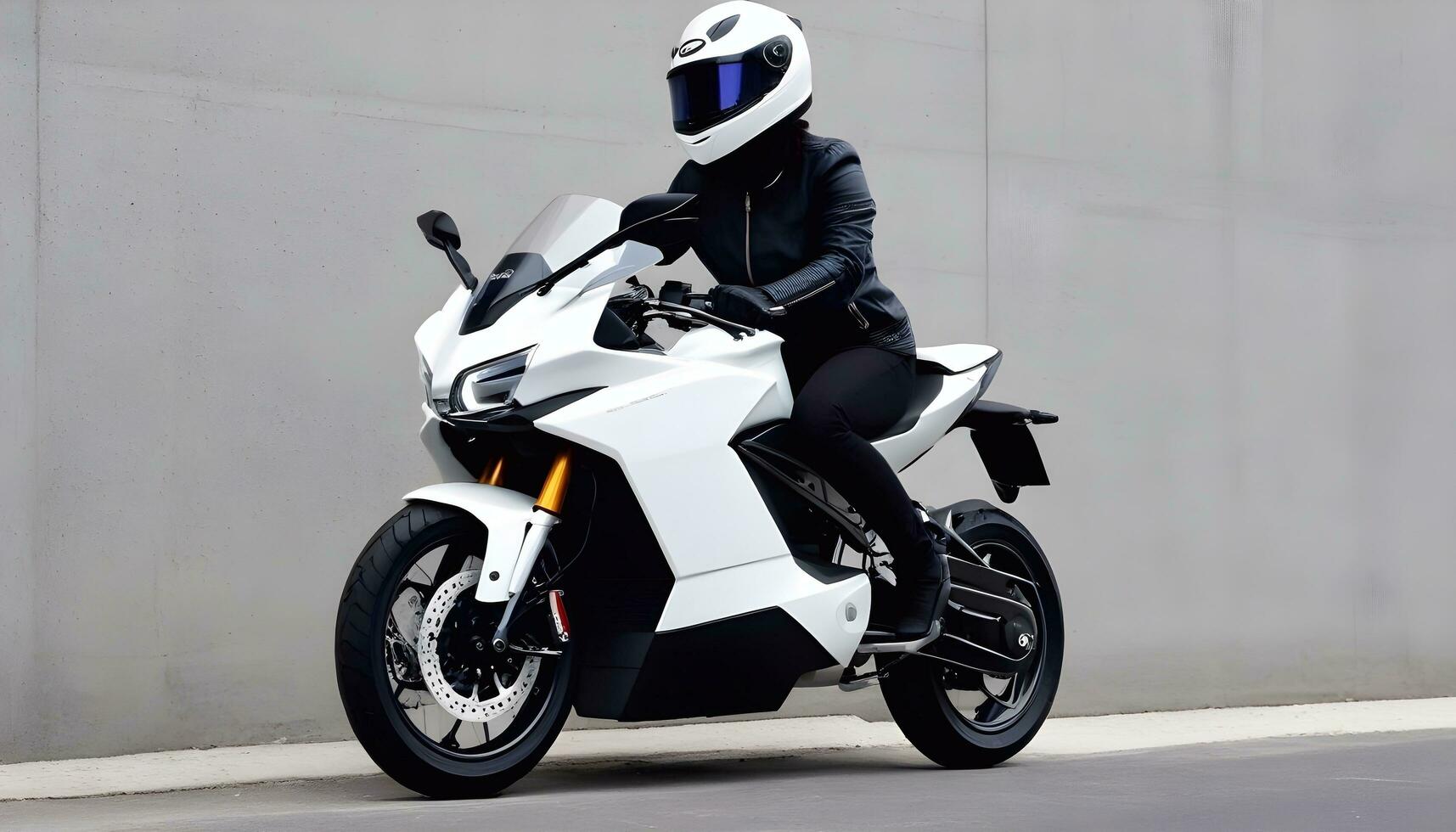 ai generado un persona vistiendo un casco montando un blanco motocicleta foto