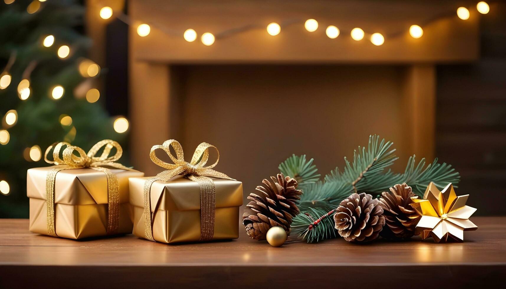 AI generated Winter Wonderland A Festive Christmas Scene with Golden Presents and Pinecones photo