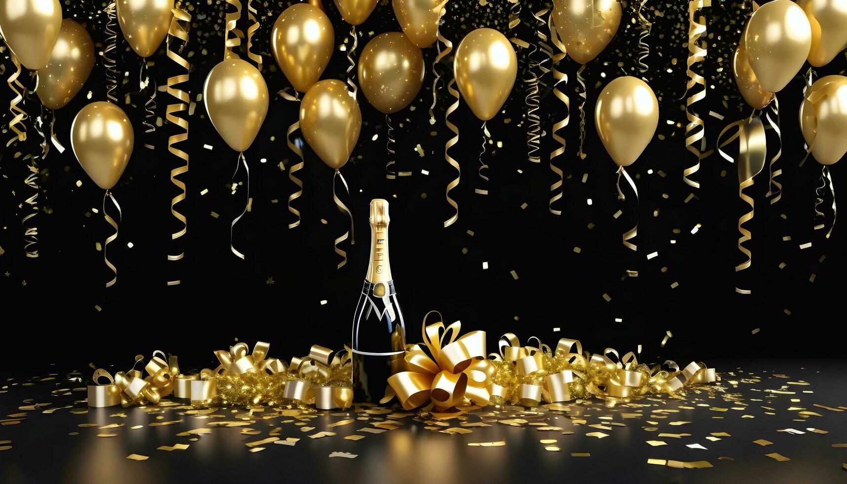 ai generado celebración escena con champán, oro globos, y cintas foto