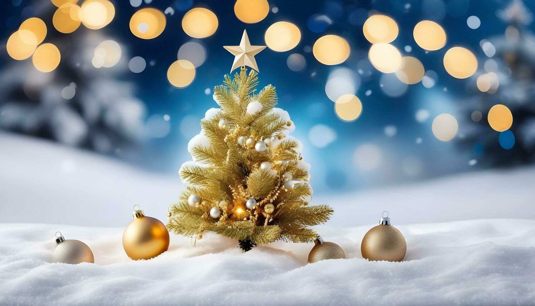 AI generated A Winter Wonderland A Golden Christmas Tree in the Snow photo