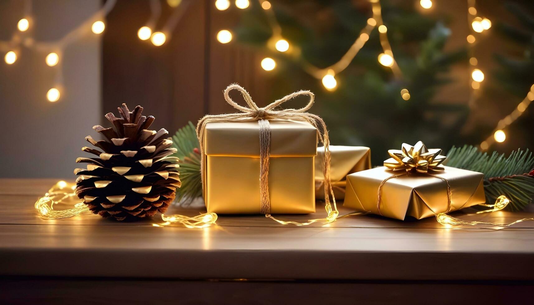 AI generated Golden Gift Boxes and Pine Cone on a Wooden Table with Fairy Lights photo