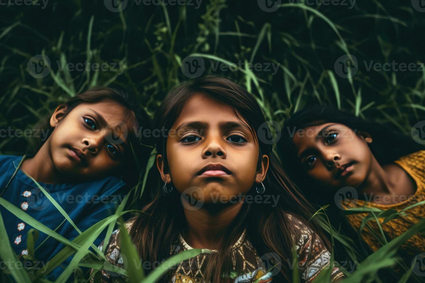 AI generated Three young girls in a field of tall grass photo