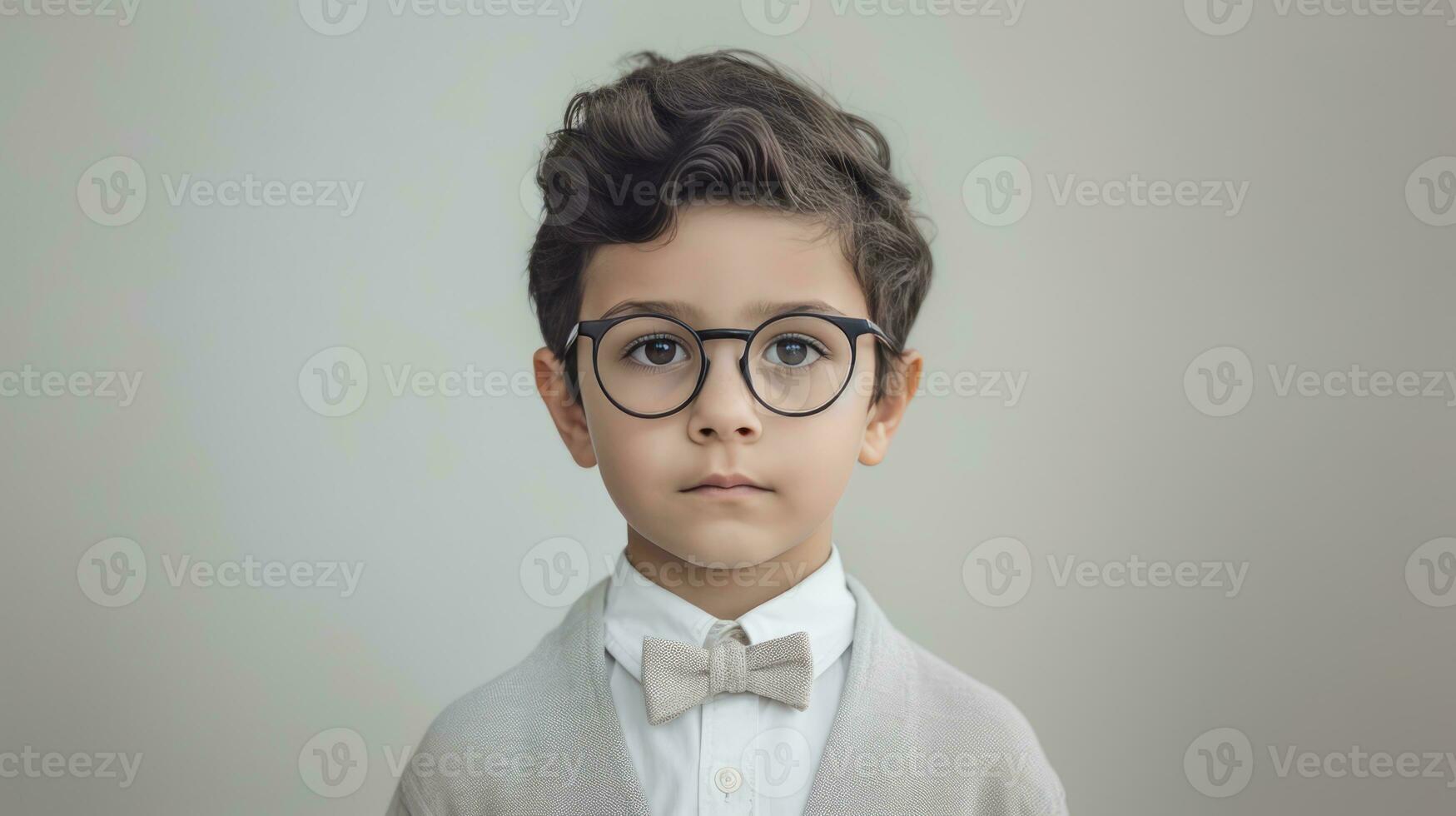 AI generated a precocious young boy with glasses, dressed up in a bow tie and looking at the camera. His handsome appearance and well-dressed attire create an endearing impression, making this a memorable and captivating stock photo. photo