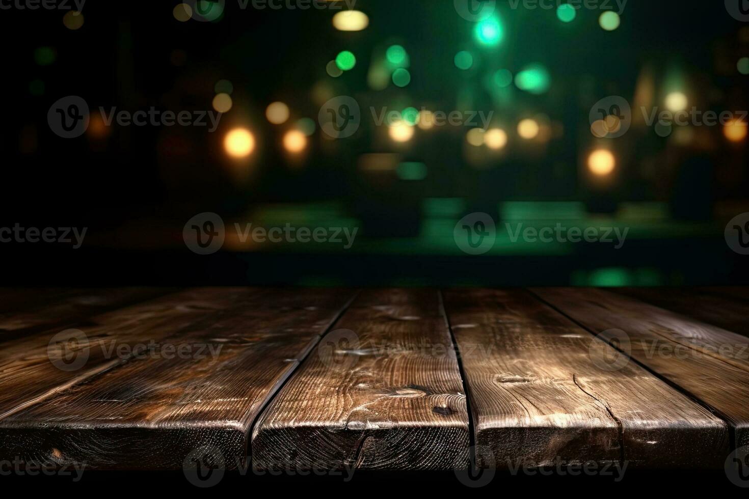 AI generated wood table with warm lights background photo