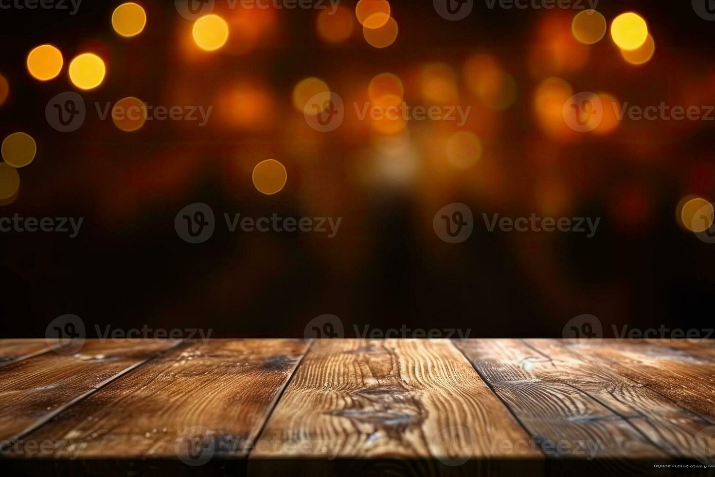 AI generated wood table with warm lights background photo