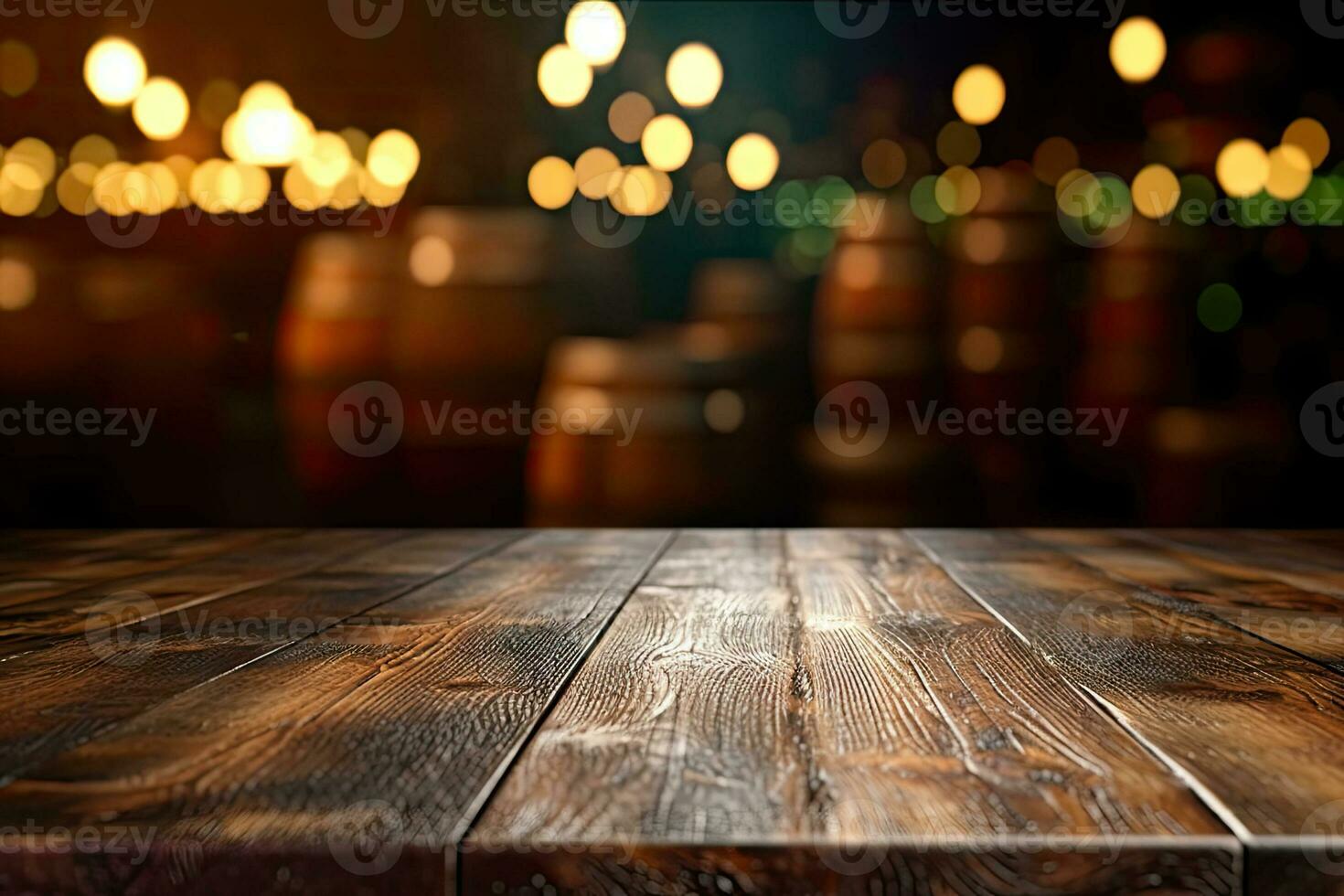 AI generated wood table with warm lights background photo