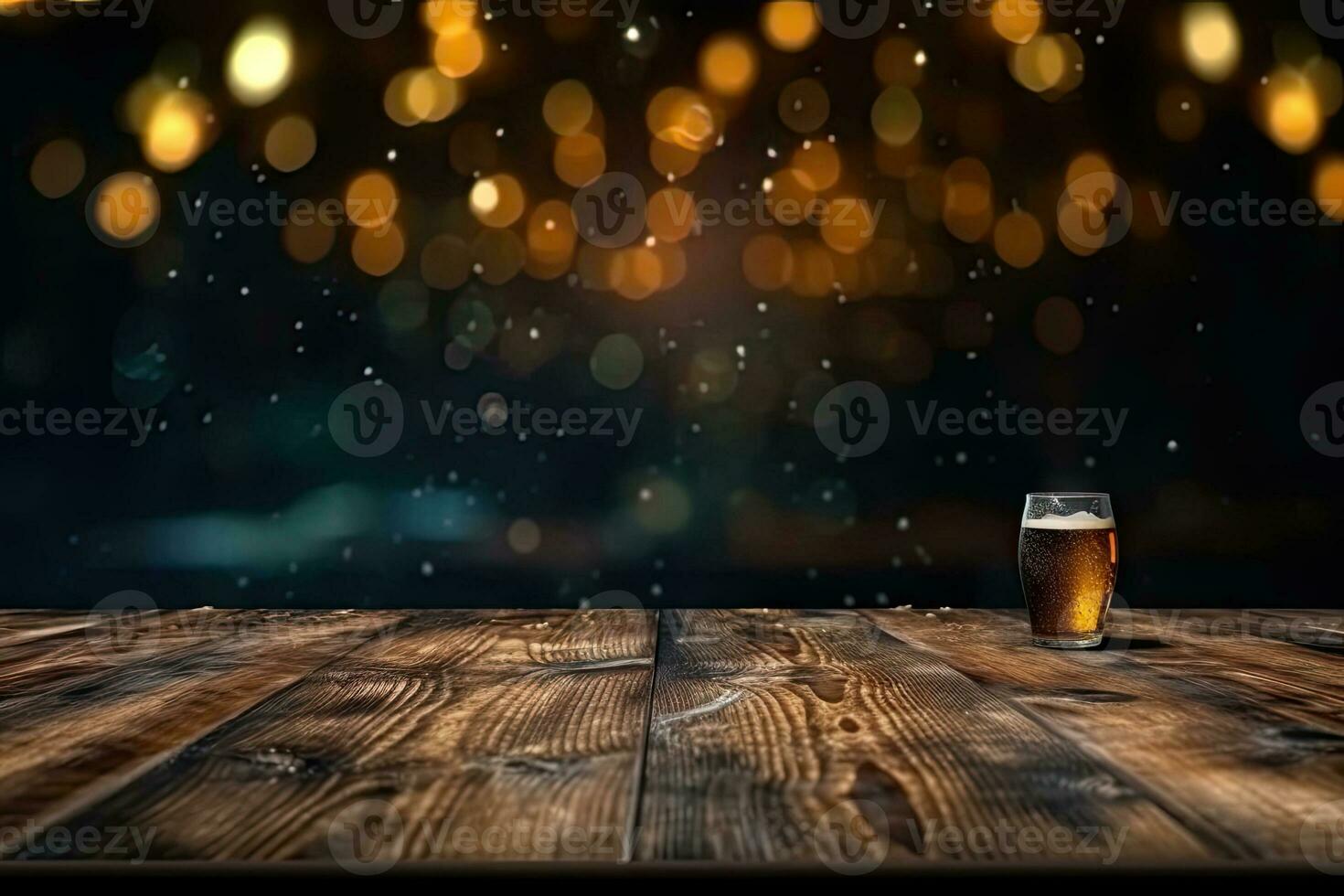 AI generated wood table with warm lights background photo