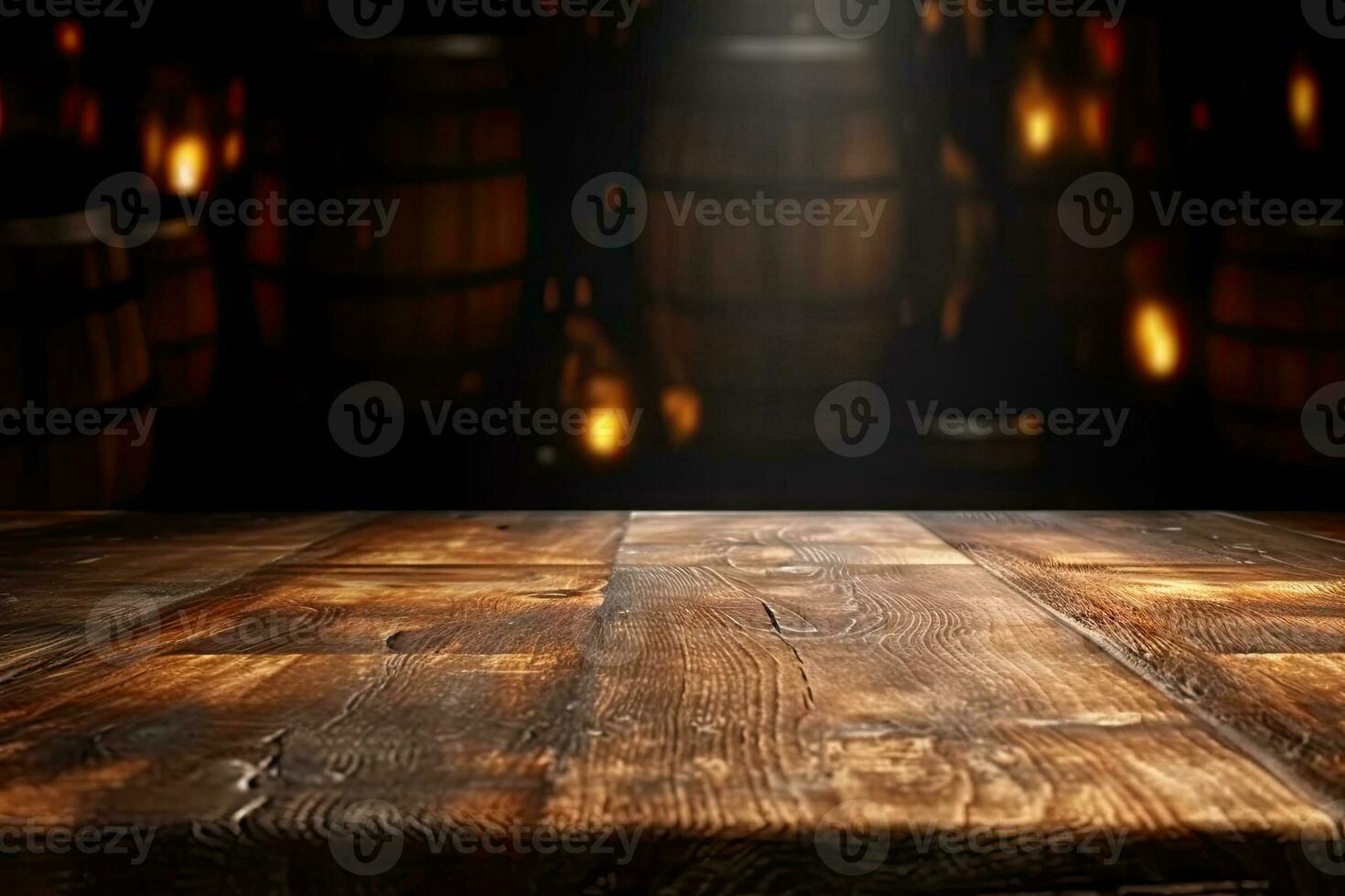 AI generated wood table with warm lights background photo