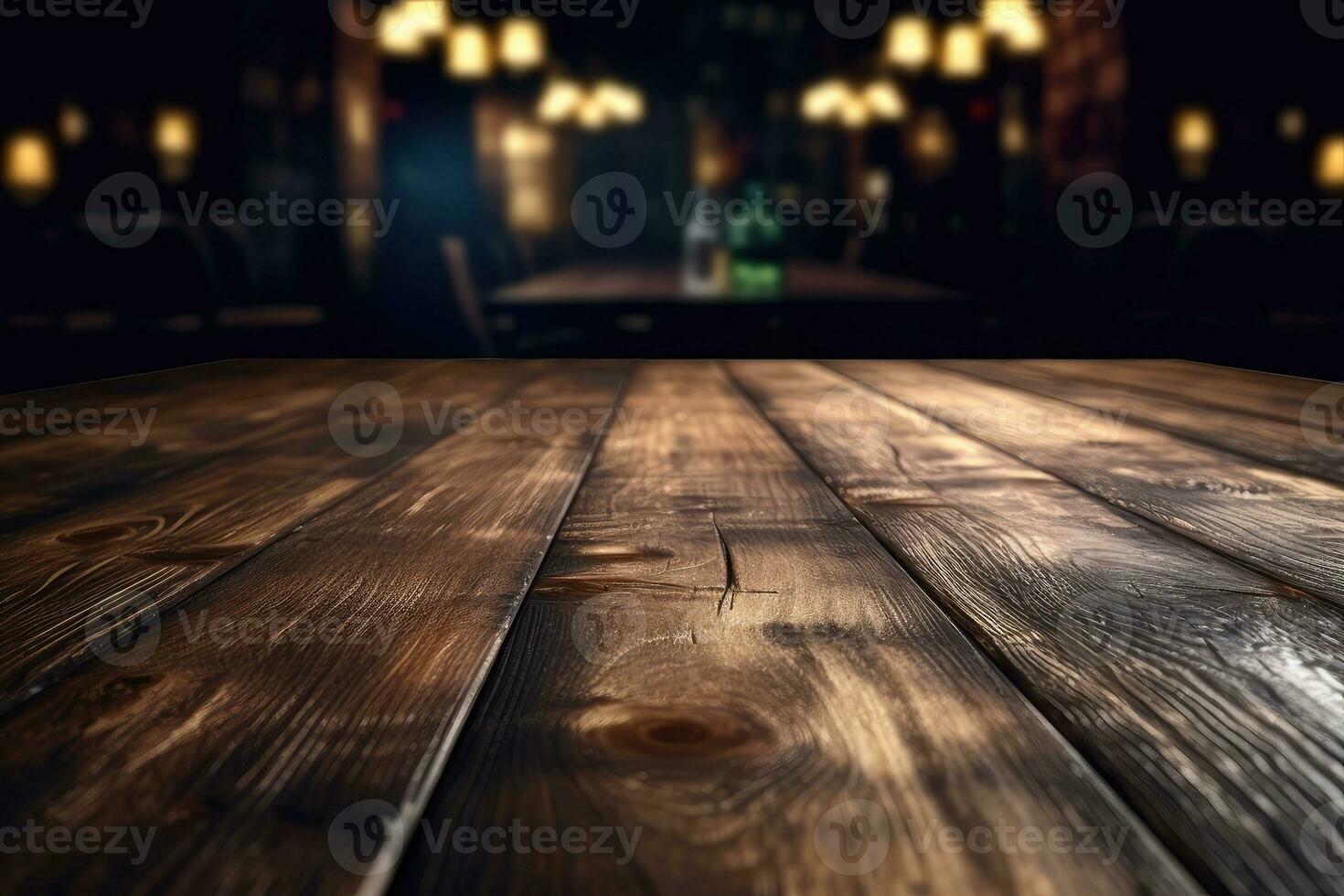 AI generated wood table with warm lights background photo