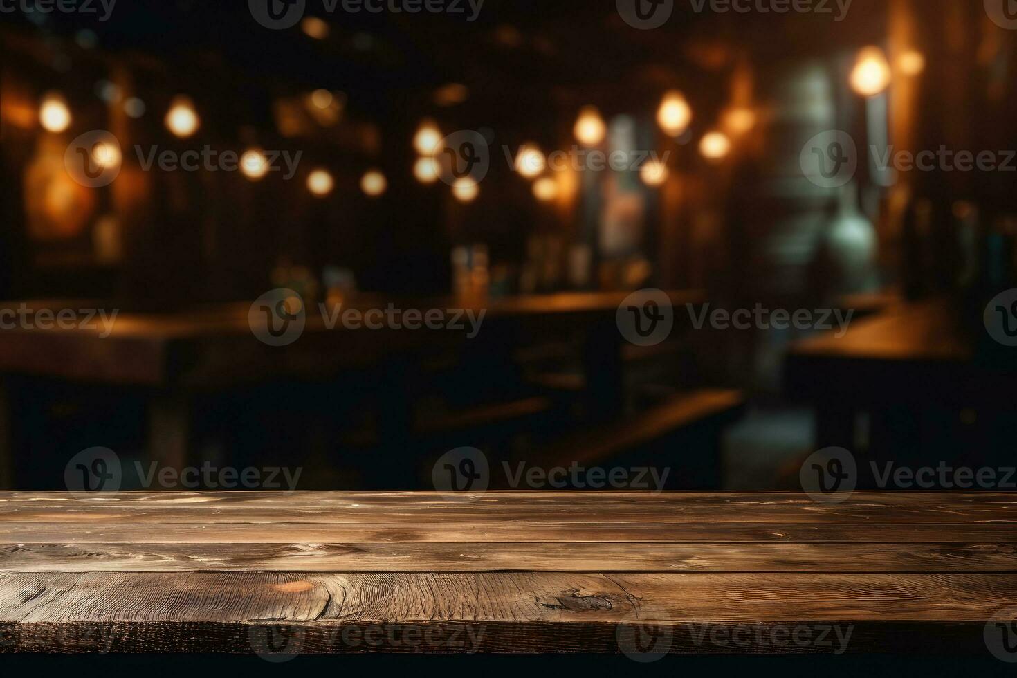 AI generated wood table with warm lights background photo