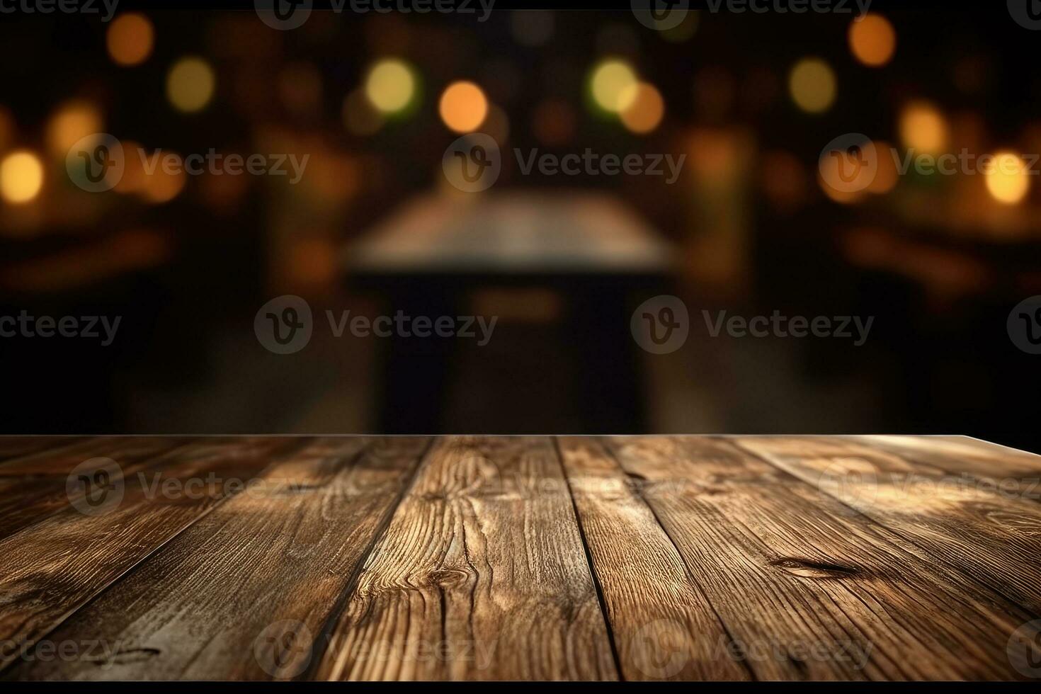 AI generated wood table with warm lights background photo