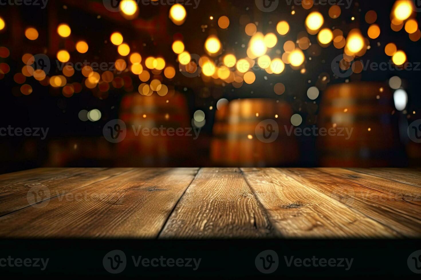 AI generated wood table with warm lights background photo