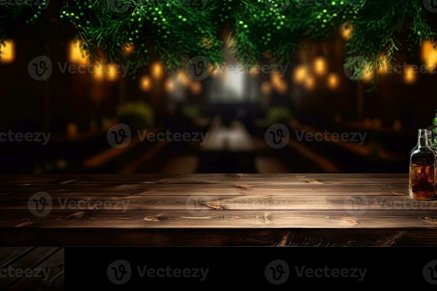 AI generated wood table with warm lights background photo