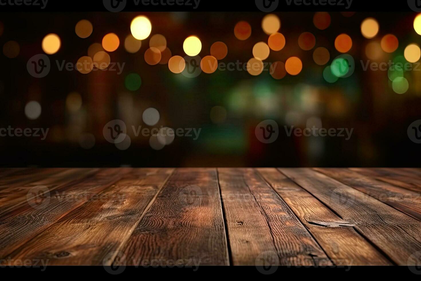 AI generated wood table with warm lights background photo