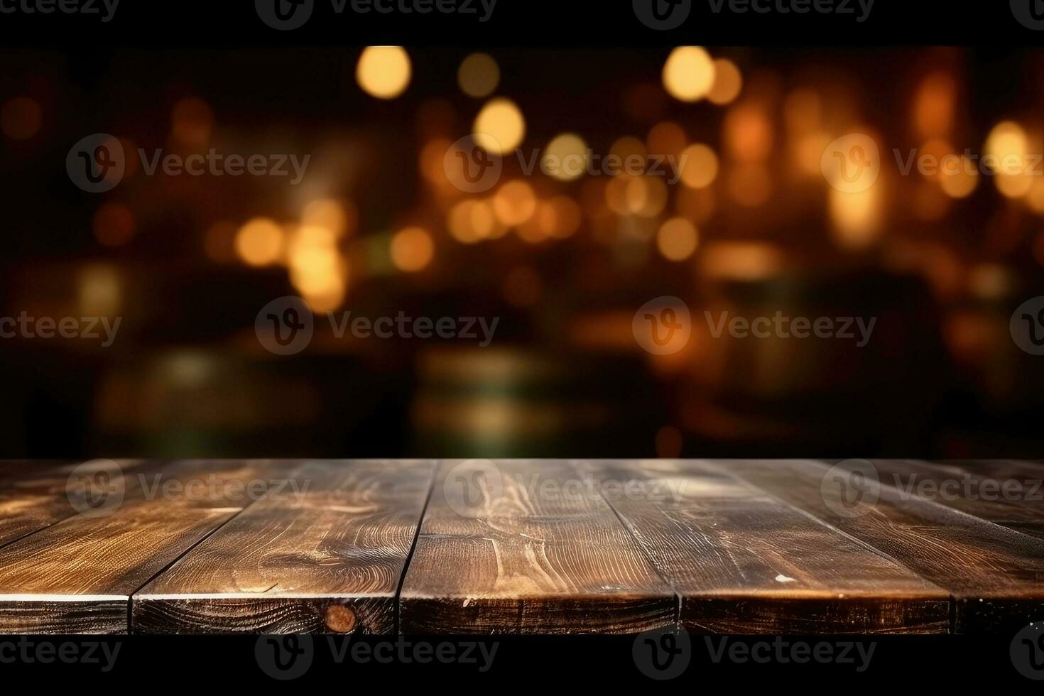 AI generated wood table with warm lights background photo
