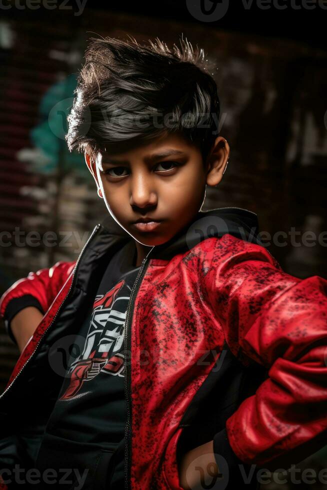 AI generated a young boy wearing a red jacket, who is striking a pose for the camera with a serious and mean expression. His gaze is directed towards the camera, capturing the viewer's attention. photo
