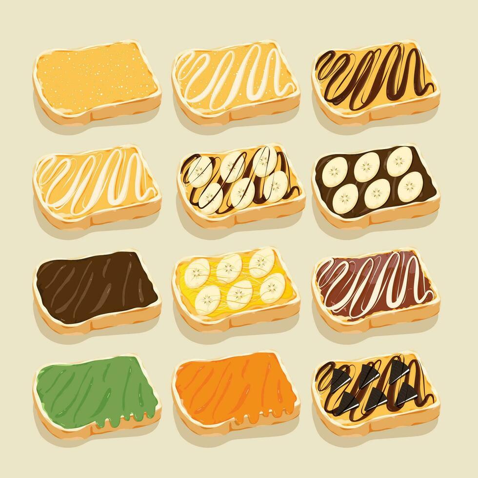 Illustrations of toast, various pages. Set of toast images. vector