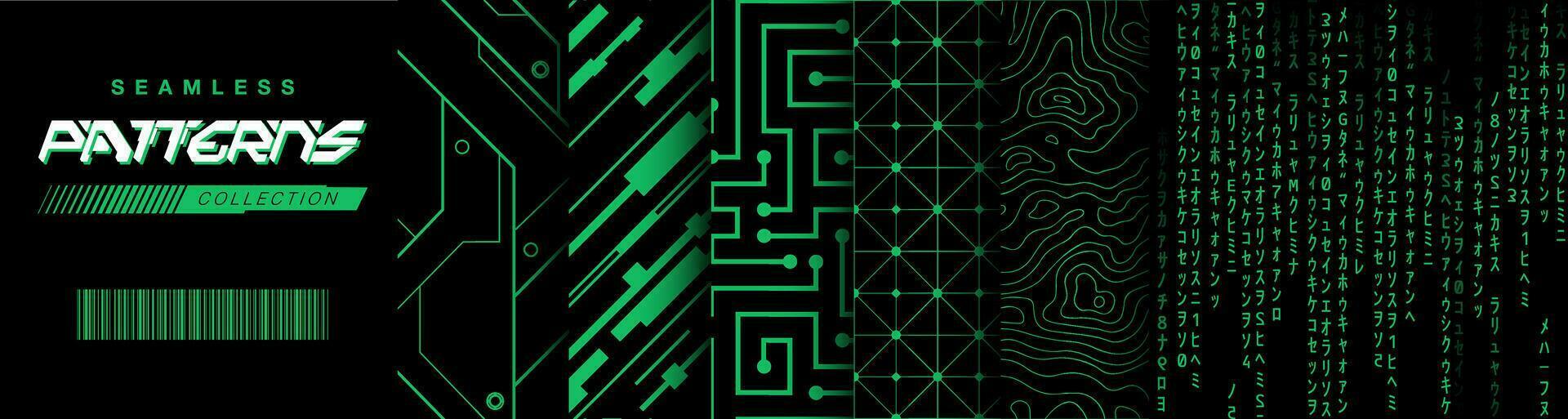 Cyberpunk Seamless Pattern Collection Set, Glitch Effect, Motherboard, Integrated circuit, Contour Map, Decorative Mosaic from Future. Materials for apparel, clothes, textiles. vector